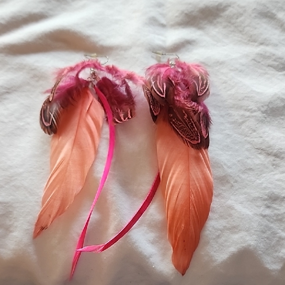 Pink and Orange Feather Earrings